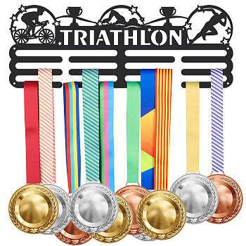 Iron Medal Holder Frame, Medals Display Hanger Rack, 3 Lines, with Screws, Rectangle with Word Thiathlon, Sports Themed Pattern, 150x400mm