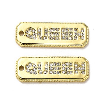 Brass Micro Pave Cubic Zirconia Pendants, Long-Lasting Plated, Rectangle with Letter Queen, Golden, 21.5x7.5x1.5mm, Hole: 1.2mm
