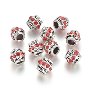 Tibetan Style Alloy European Beads, Large Hole Beads, with Rhinestone, Barrel, Antique Silver, Siam, 10x10mm, Hole: 5mm