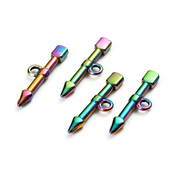 Ion Plating(IP) 304 Stainless Steel Toggle Clasps Parts, Bar, Arrow, Rainbow Color, 23.5x6.5x2.5mm, Hole: 1.8mm