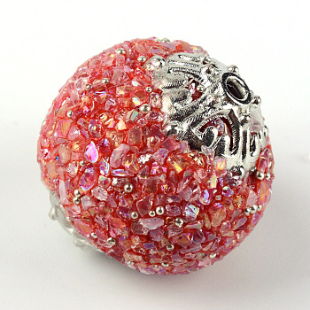 Handmade Indonesia Beads, Round, with Gemstone and Alloy Findings, Platinum, Crimson, 19~20x18.5~20mm, Hole: 1.8mm