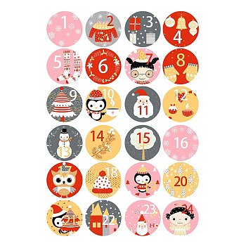 Christmas PVC Plastic Sticker Labels, Self-adhesion, for Suitcase, Skateboard, Refrigerator, Helmet, Mobile Phone Shell, Round, Christmas Themed Pattern, Nomber 1~24, Mixed Color, 45mm, 24pcs/sheet