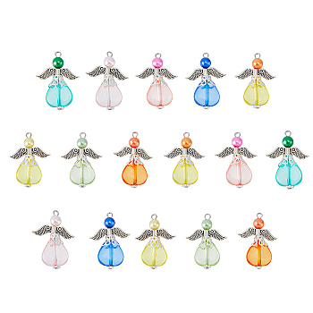 6 Sets Acrylic Pendants, with Tibetan Style Alloy Findings, Angel, Mixed Color, 30x23x6mm, Hole: 3mm, 8pcs/set
