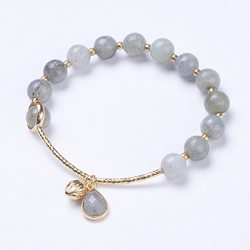 Natural Larvikite Charm Stretch Bracelets, with Brass Findings, Teardrop and Fruit, Golden, 2 inch(5cm)