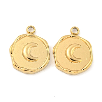 Ion Plating(IP) 304 Stainless Steel Charms, Flat Round with Moon Charm, Real 18K Gold Plated, 16x12.5x2.5mm, Hole: 1.6mm