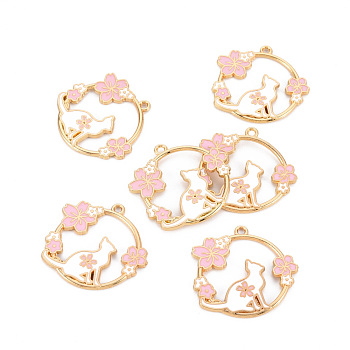 Eco-Friendly Alloy Enamel Pendants, Cadmium Free & Lead Free & Nickel Free, Light Gold, Ring with Cat and Sakura, Pink, 30x31x2.5mm, Hole: 1.8mm
