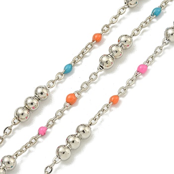 Brass Enamel Round Beaded Link Chain, Soldered, with Spool, Long-Lasting Plated, Cadmium Free & Lead Free, Platinum, Colorful, 12x3.5mm