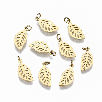 304 Stainless Steel Charms, with Jump Rings, Laser Cut, Leaf, Real 14K Gold Plated, 11.5x5.5x1mm, Jump Ring: 3x0.4mm, 2.2mm inner diameter