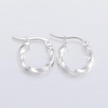304 Stainless Steel Hoop Earrings, Hypoallergenic Earrings, Twisted Ring Shape, Silver, 15x14x2.5mm, 10 Gauge, Pin: 1x0.8mm