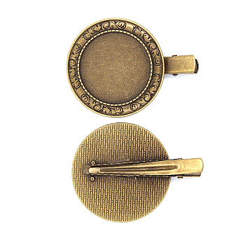 Iron Alligator Hair Clip Findings, with Zinc Alloy Cabochon Bezel Settings, Antique Bronze, Tray: 30mm; about 30pcs/bag