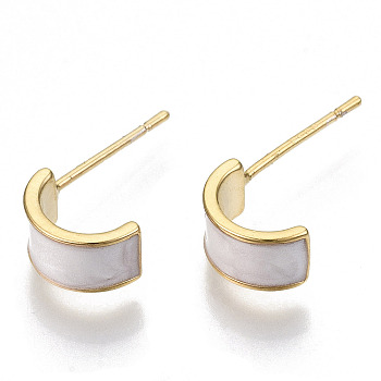 Brass Enamel Half Hoop Earrings, Nickel Free, Real 18K Gold Plated, White, 17x9mm, Pin: 0.7mm