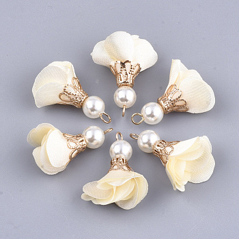Iron Pendants, with Cloth and ABS Plastic Imitation Pearl, Flower, Golden, Beige, 25~32x15~25mm, Hole: 1~4mm