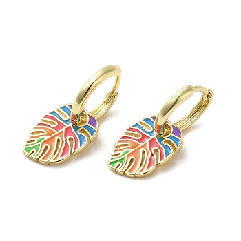 Real 18K Gold Plated Brass Dangle Hoop Earrings, with Colorful Enamel, Leaf, 24x11mm