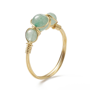Natural Green Aventurine Round Braided Beaded Finger Ring, Light Gold Copper Wire Wrap Jewelry for Women, Inner Diameter: 18mm