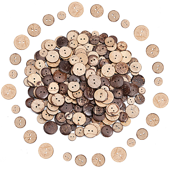 240Pcs 4 Styles 2-Hole Flat Round Coconut Buttons, Coconut Brown, 11~20x2.5~3.5mm, Hole: 1.5~2mm, 60pcs/style