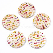 Fruit Seris Printed Wood Pendants, Flat Round with Orange Pattern, Seashell Color, 50x5mm, Hole: 1.6mm(WOOD-S045-103A-08)