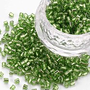 8/0 Glass Bugle Beads, Silver Lined, Lime Green, 2.5~3x2.5mm, Hole: 1mm, about 15000pcs/pound(SEED-S032-07A-49A)