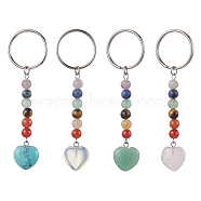 Natural & Synthetic Mixed Gemstone Keychains, with 304 Stainless Steel Keychain Clasp Findings, Heart, 8.8cm, Pendants: 64.5x15.5x5.5mm(KEYC-JKC00760)