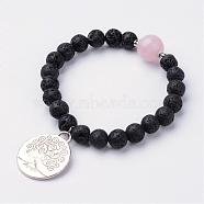 Alloy Charm Bracelets, with Natural Lava Rock Beads and Rose Quartz, 2-1/8 inch(54mm)(BJEW-JB02674-02)