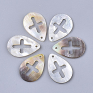 Black Lip Shell Pendants, teardrop, with Cross, Seashell Color, 23x16x1.5~2mm, Hole: 1.4mm(SSHEL-S251-26)