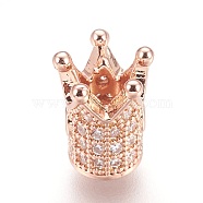 Brass Micro Pave Cubic Zirconia Beads, Crown, Clear, Real Rose Gold Plated, 10x8mm, Hole: 1.4mm(ZIRC-F088-029RG)