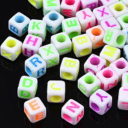 Craft Style Acrylic Beads, Cube, Mixed Color, Random Mixed Letters, 6x6x6mm, Hole: 3mm, about 2995pcs/500g(MACR-S272-84)