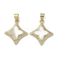 Brass Micro Pave Cubic Zirconia Pendants, with Shell, Rhombus, Real 18K Gold Plated, 21x18x3.5mm, Hole: 3.5x4.5mm(KK-G485-05G)