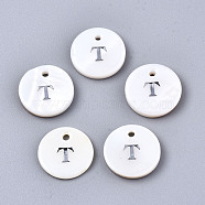 Natural Freshwater Shell Pendants, with Platinum Plated Iron Etched Metal Embellishments, Flat Round with Initial Letter, White, Letter.T, 11x2mm, Hole: 1.5mm(X-SHEL-Q018-01A-T-P)