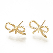 Brass Stud Earrings, with Loop, Bowknot, Nickel Free, Real 18K Gold Plated, 14x9mm, Hole: 1mm, pin: 0.7mm(KK-S341-86)