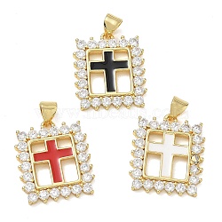 Religion Cross Brass Micro Pave Clear Cubic Zirconia Pendants, Rectangle Charms with Enamel, Lead Free & Cadmium Free, Long-Lasting Plated, Rack Plating, Real 18K Gold Plated, Mixed Color, 21x18x2.5mm, Hole: 5x3.5mm(CU-CBA83A6-03G-G)