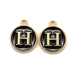 Golden Plated Alloy Charms, Cadmium Free & Lead Free, with Enamel, Enamelled Sequins, Flat Round with Letter, Black, Letter.H, 14x12x2mm, Hole: 1.5mm(X-ENAM-S118-02H)