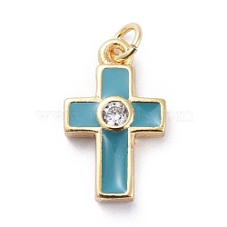 Cubic Zirconia Tiny Cross Charms, with Brass Findings and Enamel, Golden, Dark Cyan, 15x9x2.5mm, Hole: 1.8mm(KK-G363-03G-03)