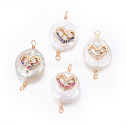 Natural Pearl Links connectors, with Brass Cubic Zirconia Findings, Nuggets with Heart, Golden, Mixed Color, 18~27x11~16x5~12mm, Hole: 1.6~2mm(PEAR-E013-10)
