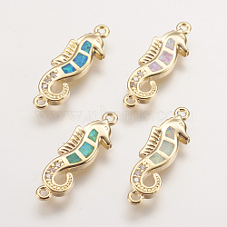 Brass Links connectors, with Synthetic Opal and Cubic Zirconia, Sea Horse, Golden, Mixed Color, 19.5x6x2mm, Hole: 1mm(KK-I613-21G)