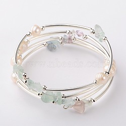 Gemstone Chip Warp Bracelets, Silver and Platinum, Fluorite, 2-1/8 inch(5.3cm)(X-BJEW-JB01518-01)