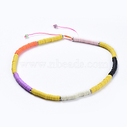 Handmade Polymer Clay Heishi Beads Braided Necklaces, with Cat Eye Beads, Brass Bead Spacers and Nylon Thread, Yellow, 16.9 inch~22.4 inch(43~57cm)(NJEW-JN02423-03)