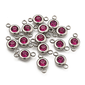 304 Stainless Steel Rhinestone Links Connectors, Flat Round, Stainless Steel Color, Fuchsia, 12x6.5x4mm, Hole: 2mm