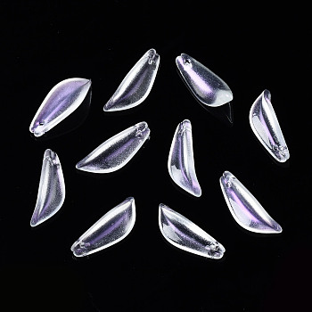 Transparent Spray Painted Glass Pendants, with Glitter Powder, Leaf, Medium Purple, 21.5x8x5mm, Hole: 1.2mm