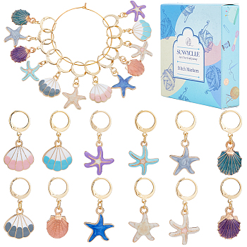 Shell & Starfish Shape Alloy Enamel Pendant Stitch Markers, Crochet Leverback Hoop Charms, Locking Stitch Marker with Wine Glass Charm Ring, Mixed Color, 3.4~3.6cm, 4 style, 6pcs/style, 24pcs/box