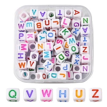 100Pcs Acrylic Beads, Horizontal Hole, Cube with Mixed Color Letter, White, 6x6x6mm, Hole: 3mm, about 2600pcs/500g