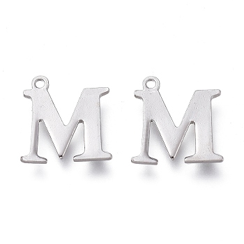 304 Stainless Steel Charms, Laser Cut, Alphabet, Stainless Steel Color, Letter.M, 12x11.5x0.8mm, Hole: 1mm