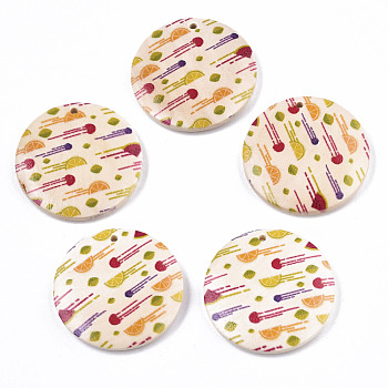 Fruit Seris Printed Wood Pendants, Flat Round with Orange Pattern, Seashell Color, 50x5mm, Hole: 1.6mm