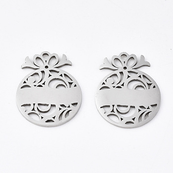201 Stainless Steel Pendants, Laser Cut, Christmas Gift Ball, Stainless Steel Color, 20x15.5x1mm, Hole: 1.4mm