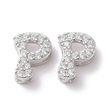 925 Sterling Silver Micro Pave Cubic Zirconia Beads, Real Platinum Plated, Letter P, 9x7x3.5mm, Hole: 2.5x1.5mm