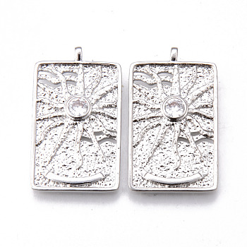 Brass Micro Pave Clear Cubic Zirconia Pendants, Nickel Free, Rectangle with Sun, Platinum, 30x18x3mm, Hole: 1.2mm