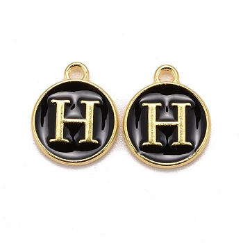Golden Plated Alloy Charms, Cadmium Free & Lead Free, with Enamel, Enamelled Sequins, Flat Round with Letter, Black, Letter.H, 14x12x2mm, Hole: 1.5mm
