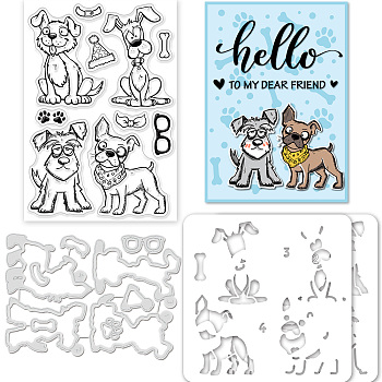 1 Sheet PVC Plastic Stamps, with 1Pc Carbon Steel Cutting Dies Stencils and 1 Set PET Drawing Painting Stencils, for DIY Scrapbooking, Photo Album Decorative, Cards Making, Stamp Sheets, Dog Pattern, 150~160x109~150x0.8~3mm