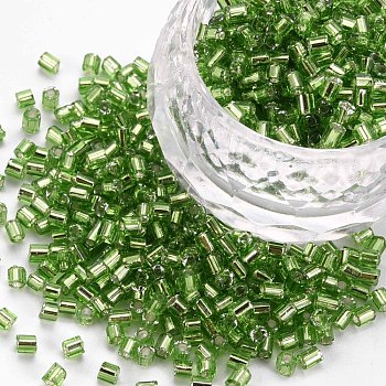 8/0 Glass Bugle Beads, Silver Lined, Lime Green, 2.5~3x2.5mm, Hole: 1mm, about 15000pcs/pound