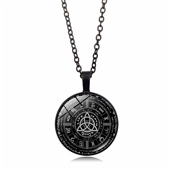 Alloy Pendant Necklaces, Glass Flat Round Jewelry for Unisex, Black, 17.72 inch(45cm)