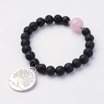 Alloy Charm Bracelets, with Natural Lava Rock Beads and Rose Quartz, 2-1/8 inch(54mm)